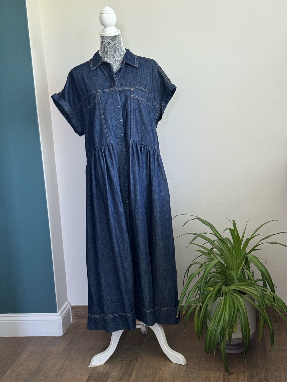 Denim Button-Front Midi Dress in Dark Indigo